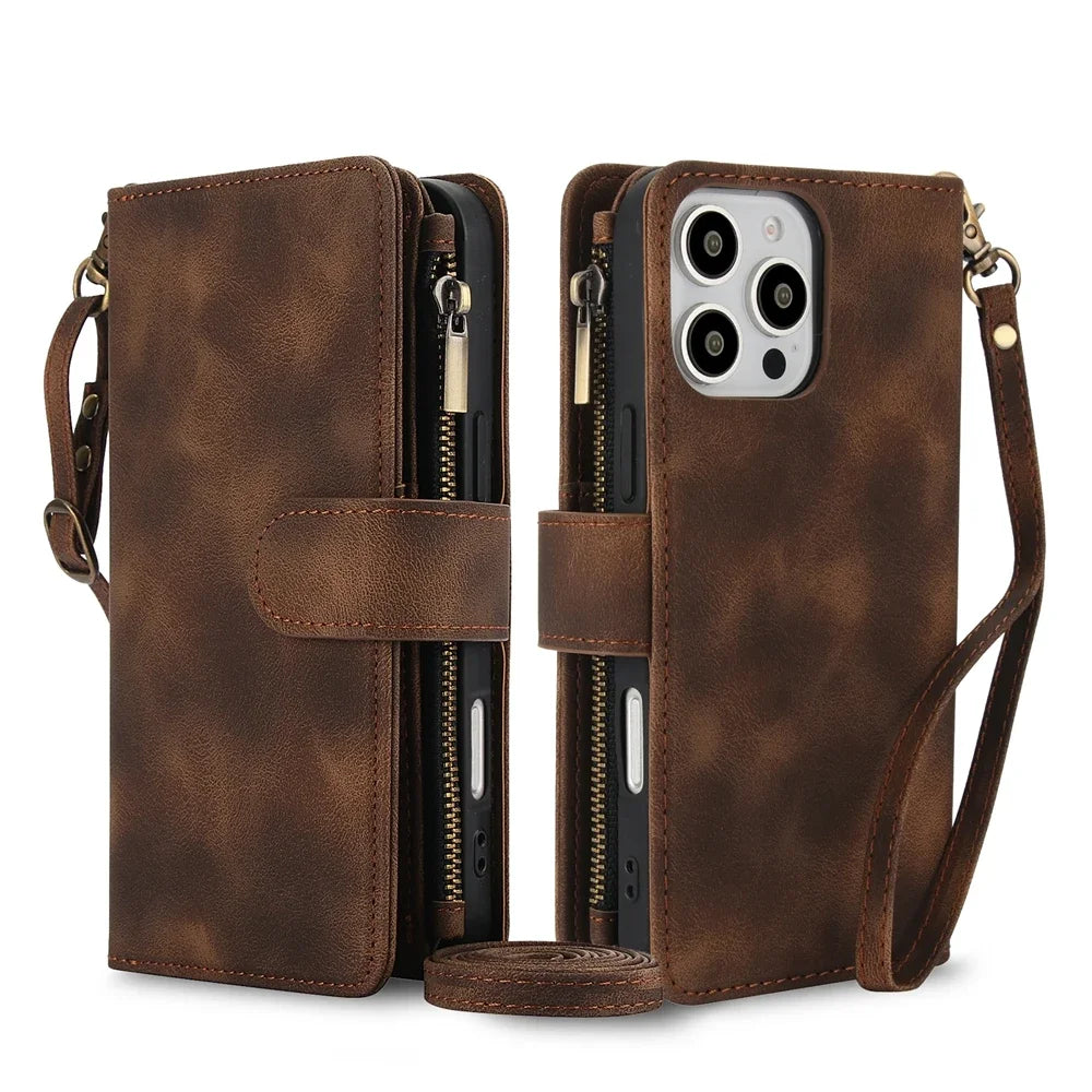 Leather wallet-style phone case with crossbody wrist strap for iPhone