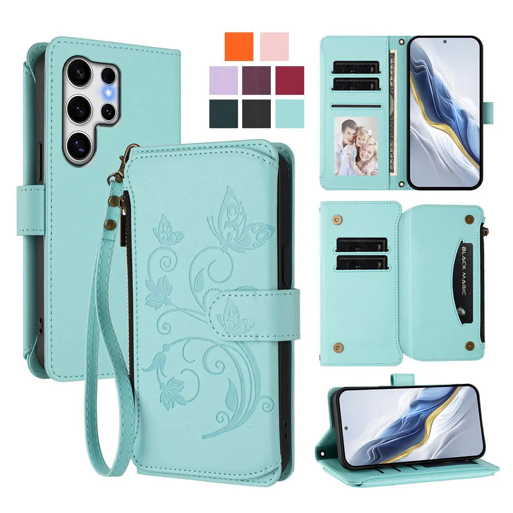 Butterfly Love Flower Embossed Crossbody Wallet Case for Samsung