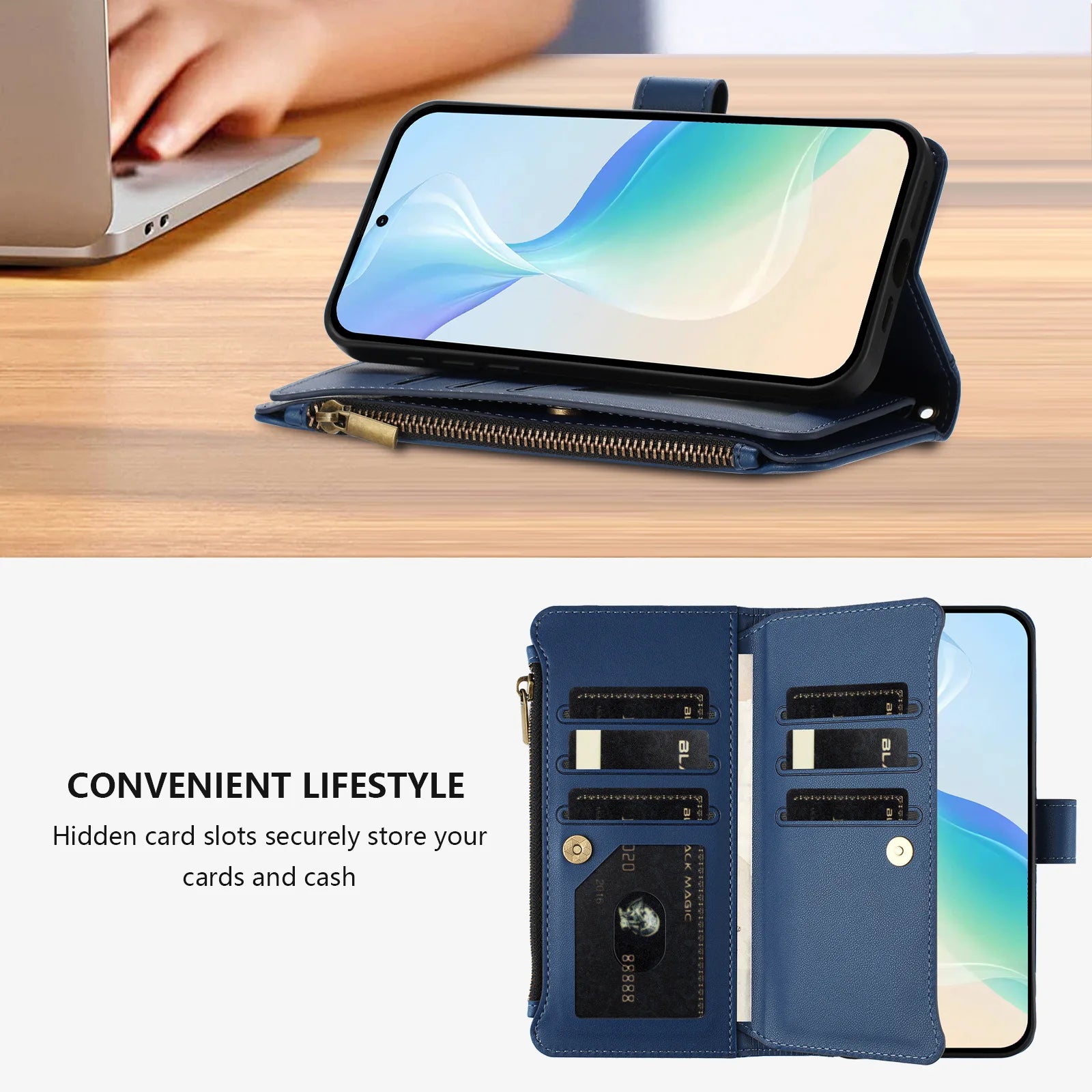 9-Card Flip Leather Zipper Wallet Case For iPhone