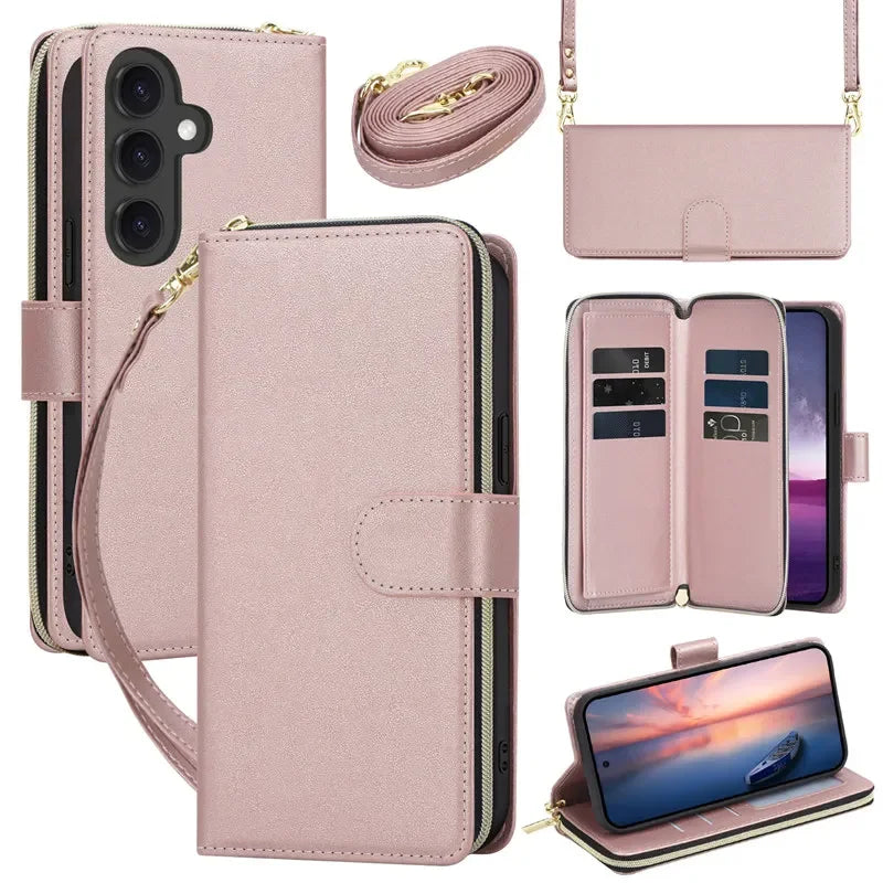 Long Lanyard Flip Zipper Wallet Multi Card Leather Case for Samsung
