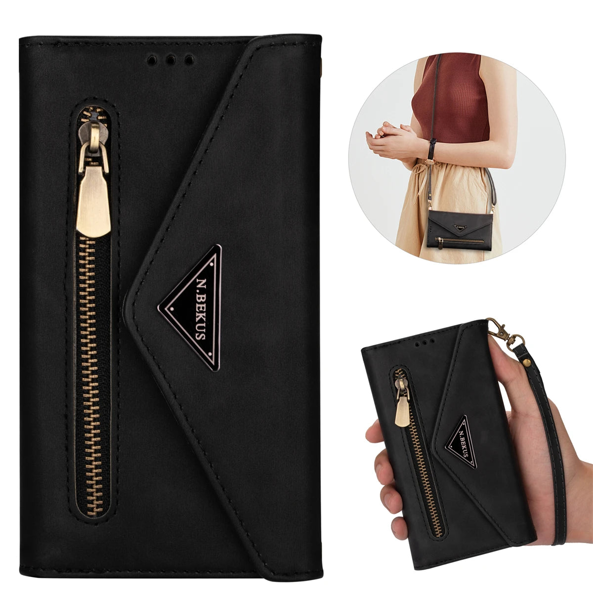 Multi-Card Slot Zipper Lanyard Wallet Case For iPhone