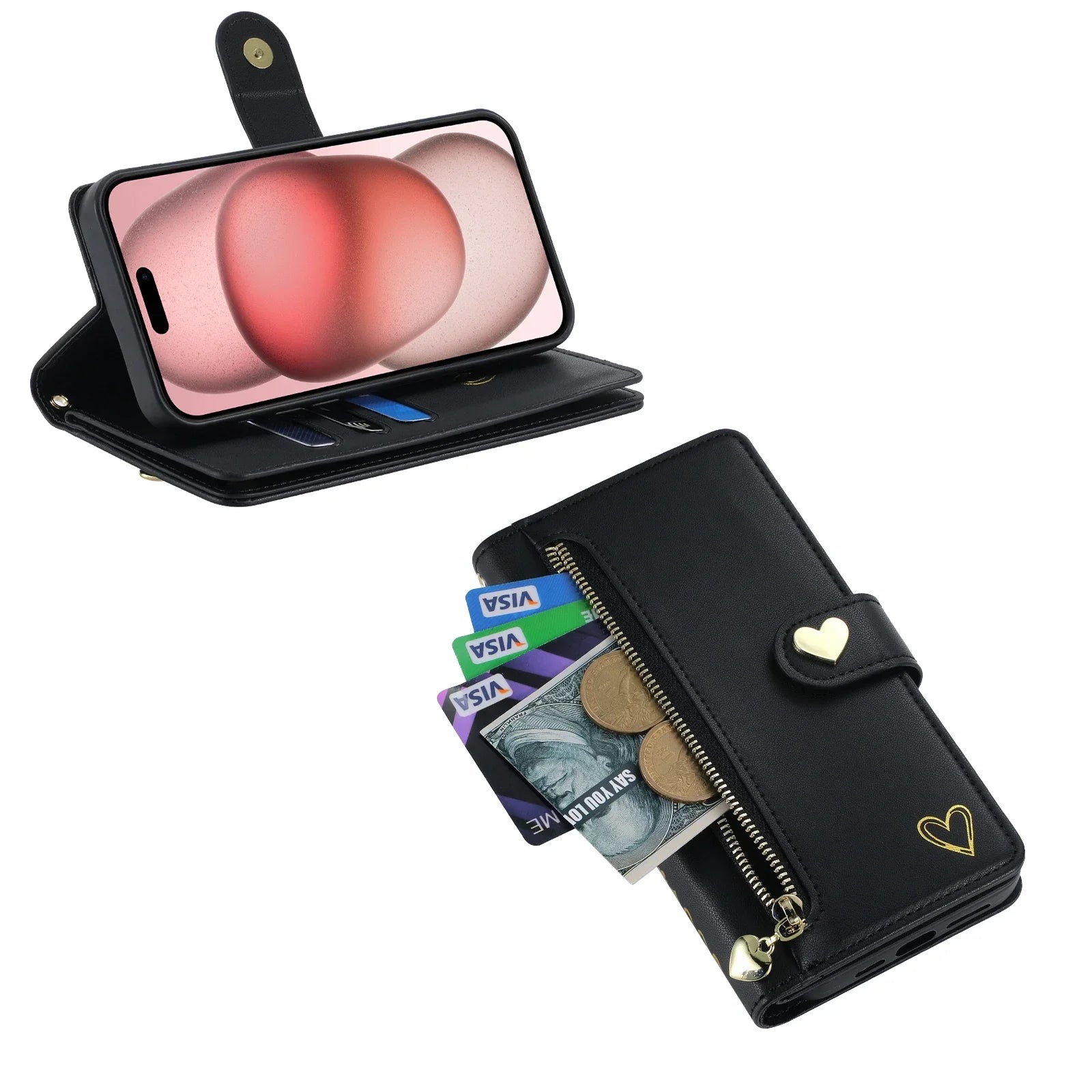 Gold Hot Stamping Love Zipper Card Wallet Case For iPhone