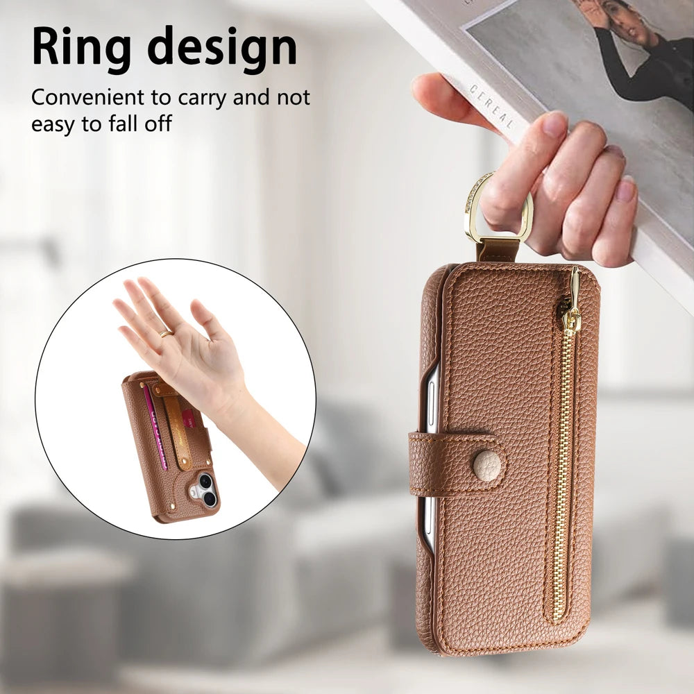 Litchi Patterned Flip Leather Wrist Strap Holder Case for iPhone