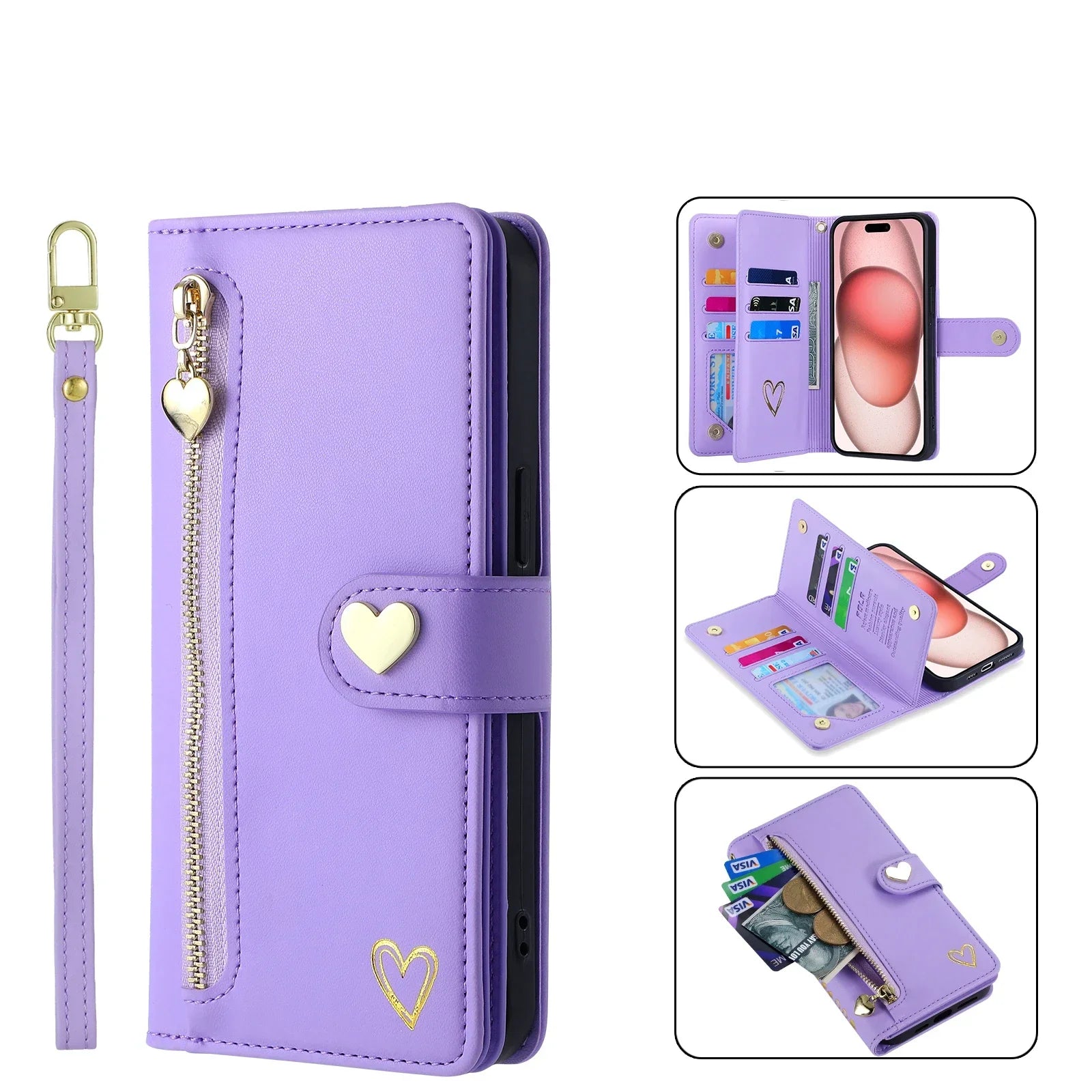 Gold Hot Stamping Love Zipper Card Wallet Case For iPhone