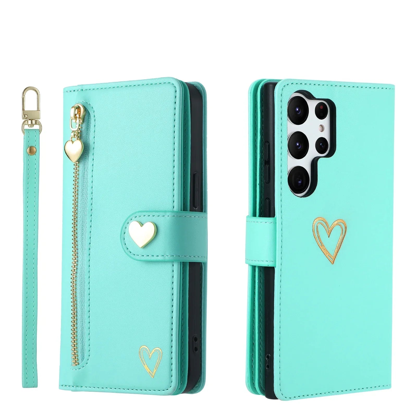 Gold Hot Stamping Love Zipper Card Wallet Case For Samsung