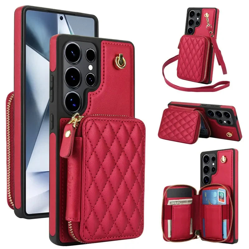 Long Lanyard Zipper Wallet Leather Case For Samsung