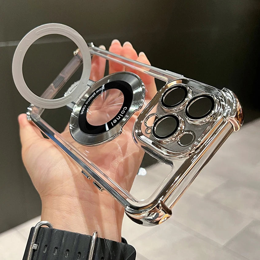 Magsafe Magnetic Plating Holder Stand Clear Shockproof Case for iPhone
