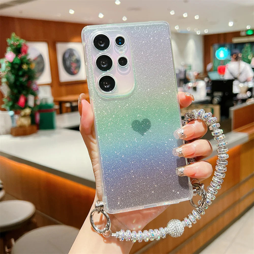 Gradient Glitter Love Heart Wrist Chain Case for Samsung