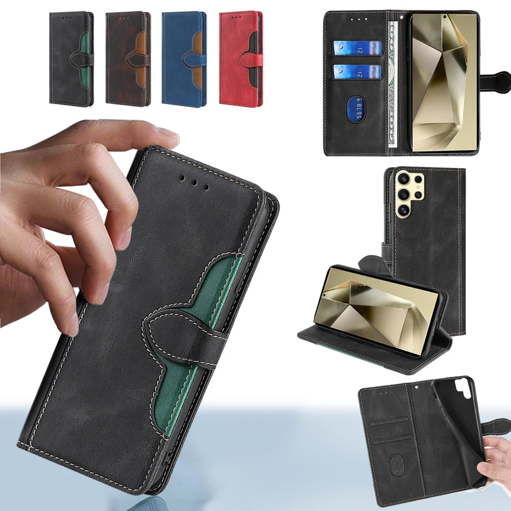 Contrasting Color Flip Magnet Buckle Leather Case For Samsung