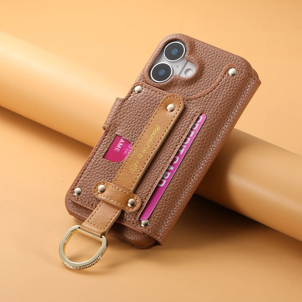 Litchi Patterned Flip Leather Wrist Strap Holder Case for iPhone