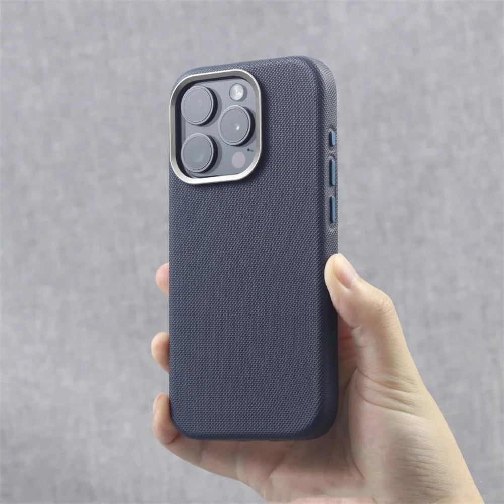 Alloy Lens Frame Particle Leather Magnetic Case For iPhone