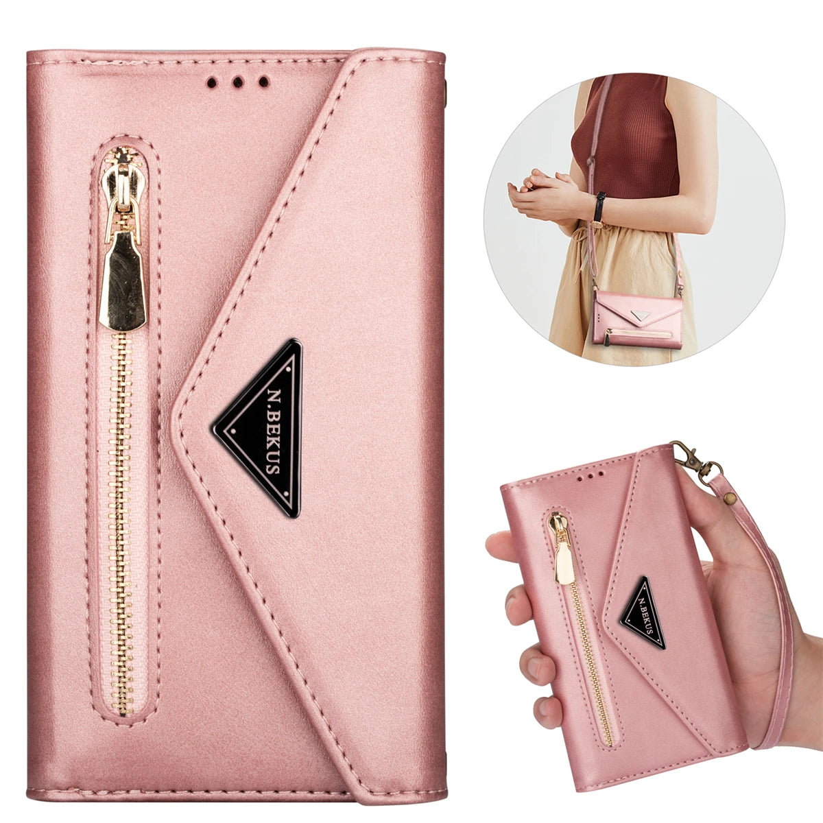 Multi-Card Slot Zipper Lanyard Wallet Case For iPhone