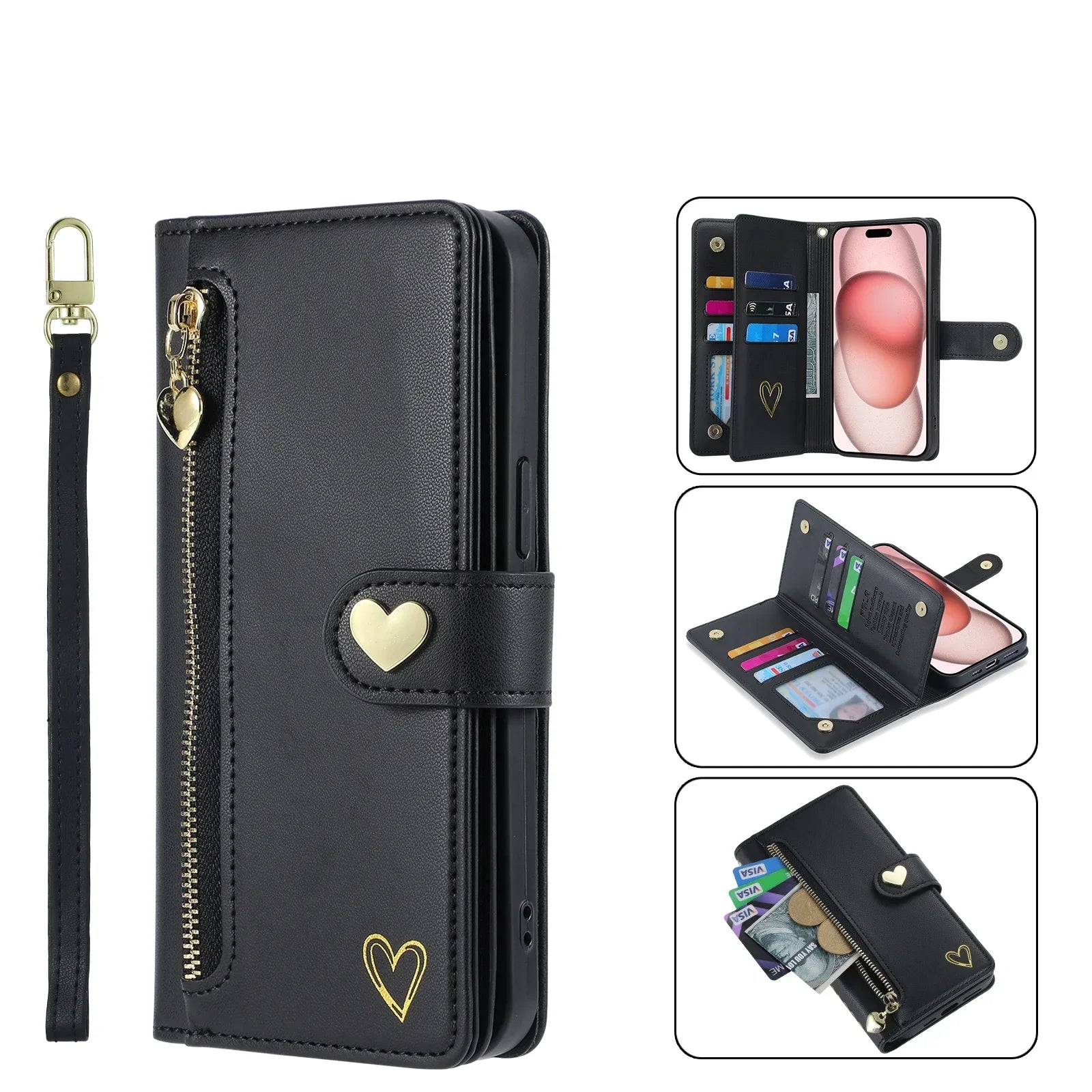 Gold Hot Stamping Love Zipper Card Wallet Case For iPhone