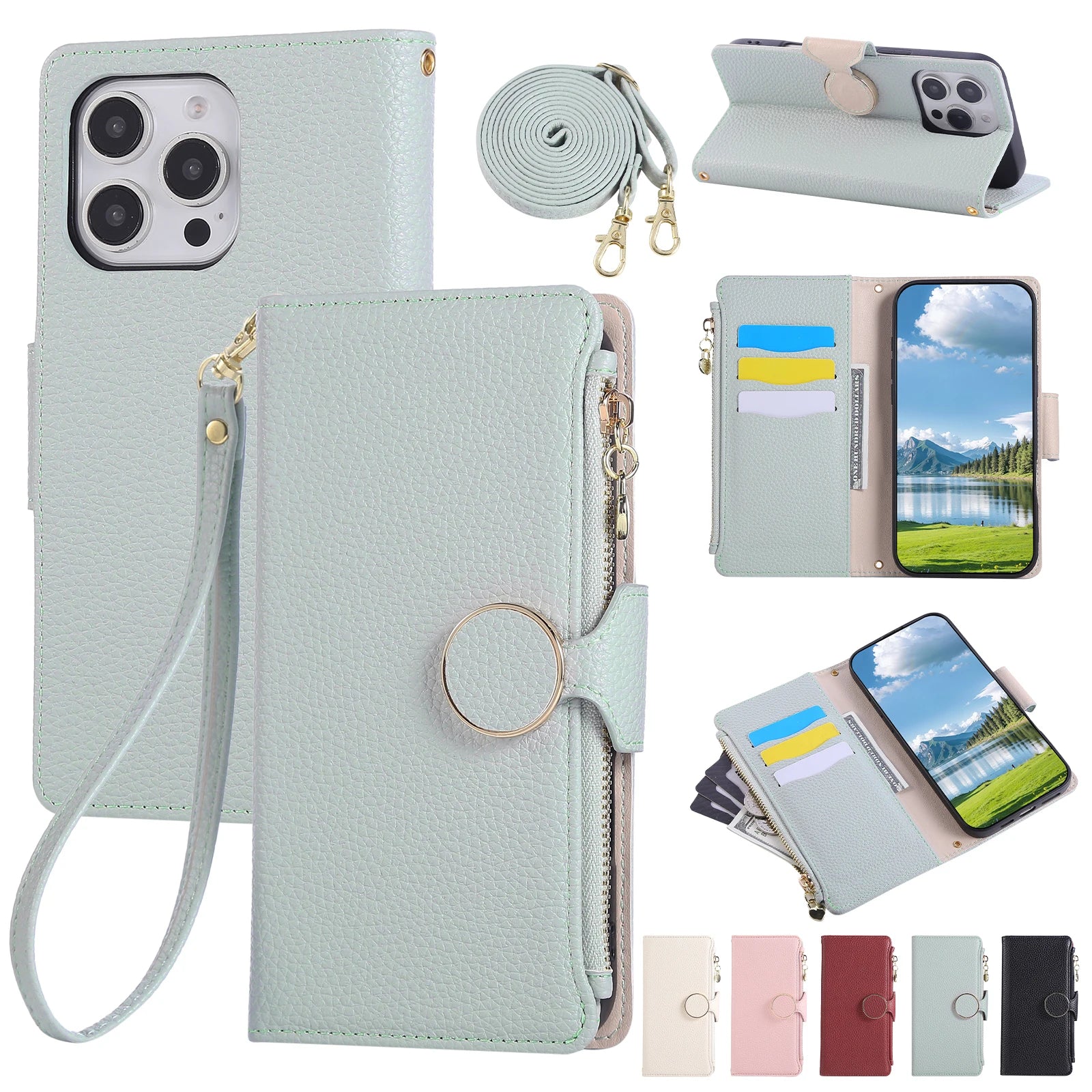 Crossbody Zipper Cards Solt Leather Wallet Case For iPhone