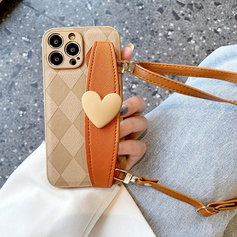Rhombus Heart Wristband Crossbody Case for IPhone