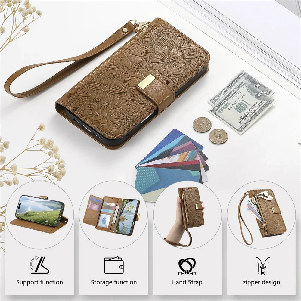 Card Slot Wristband Flip Leather Wallet Case for Samsung