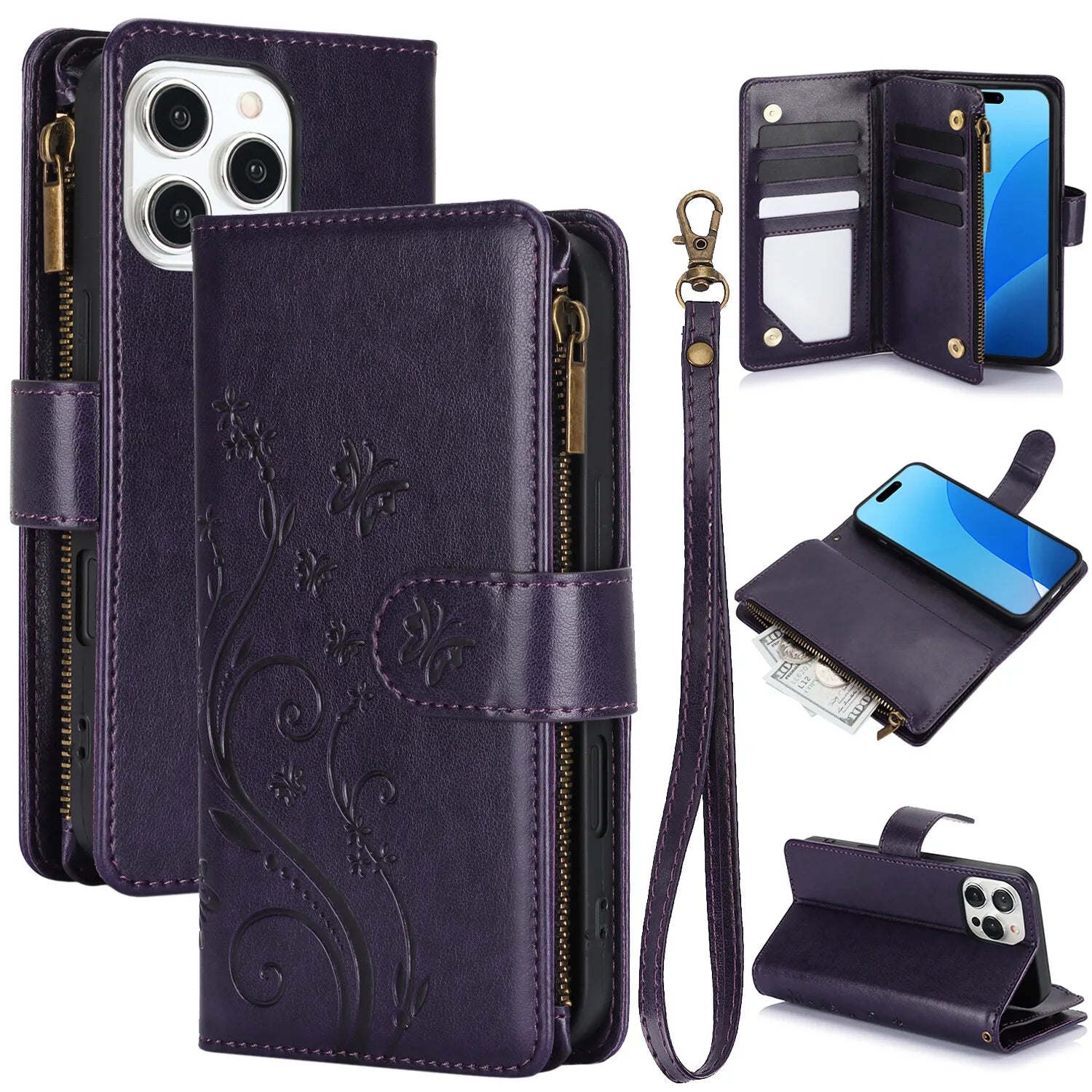 Leather Zipper Wallet Case For iPhone