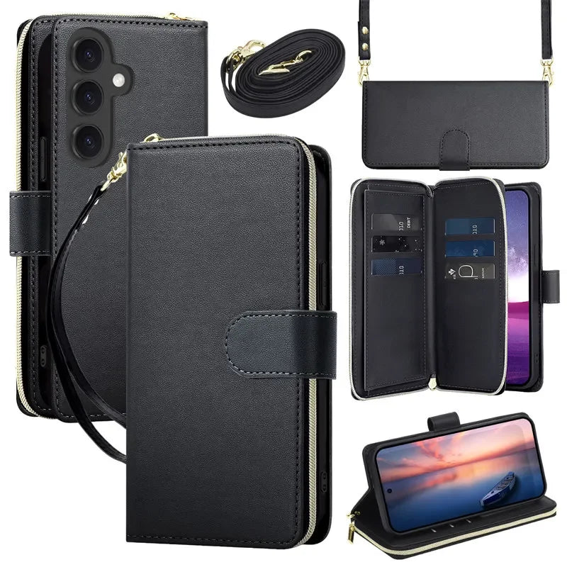 Long Lanyard Flip Zipper Wallet Multi Card Leather Case for Samsung