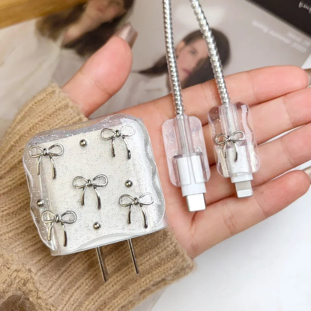 Transparent Shining Bowknot Cellphone Charger Protective Case Sleeve for Apple IPhone 18/20W 