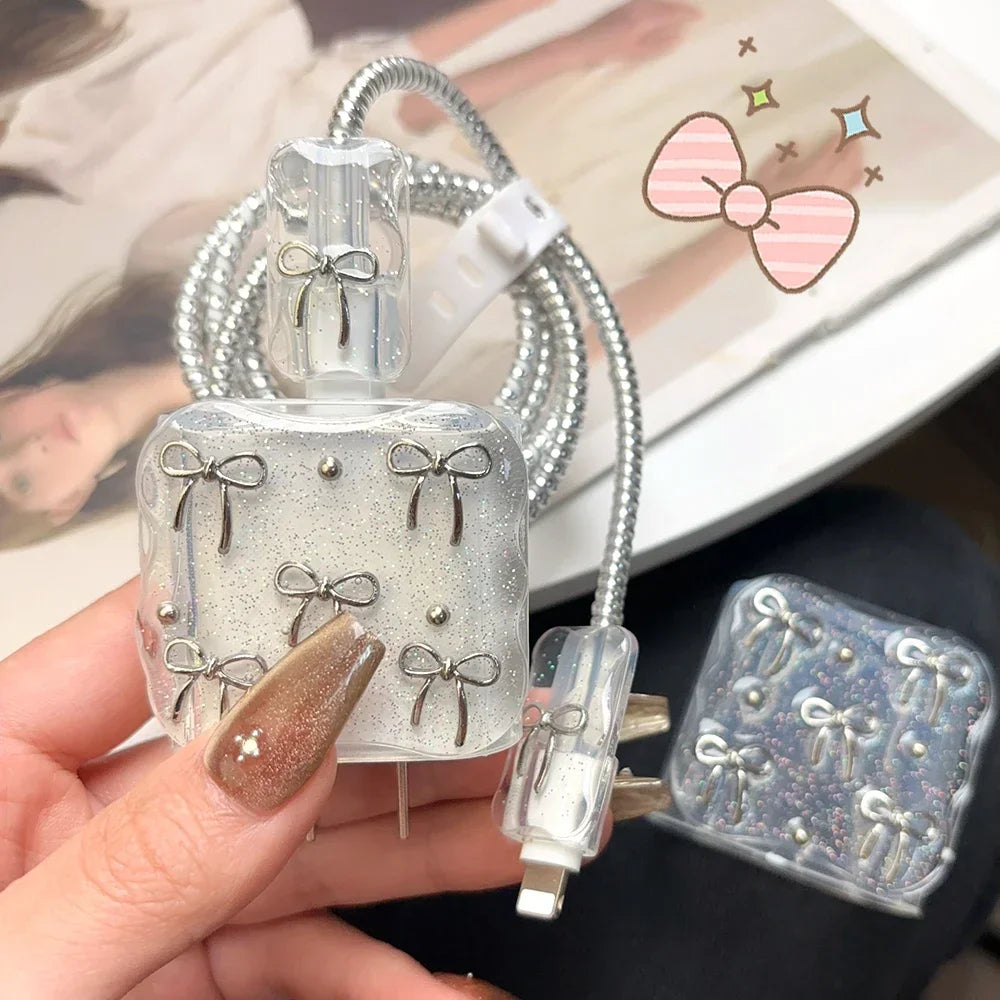 Transparent Shining Bowknot Cellphone Charger Protective Case Sleeve for Apple IPhone 18/20W 