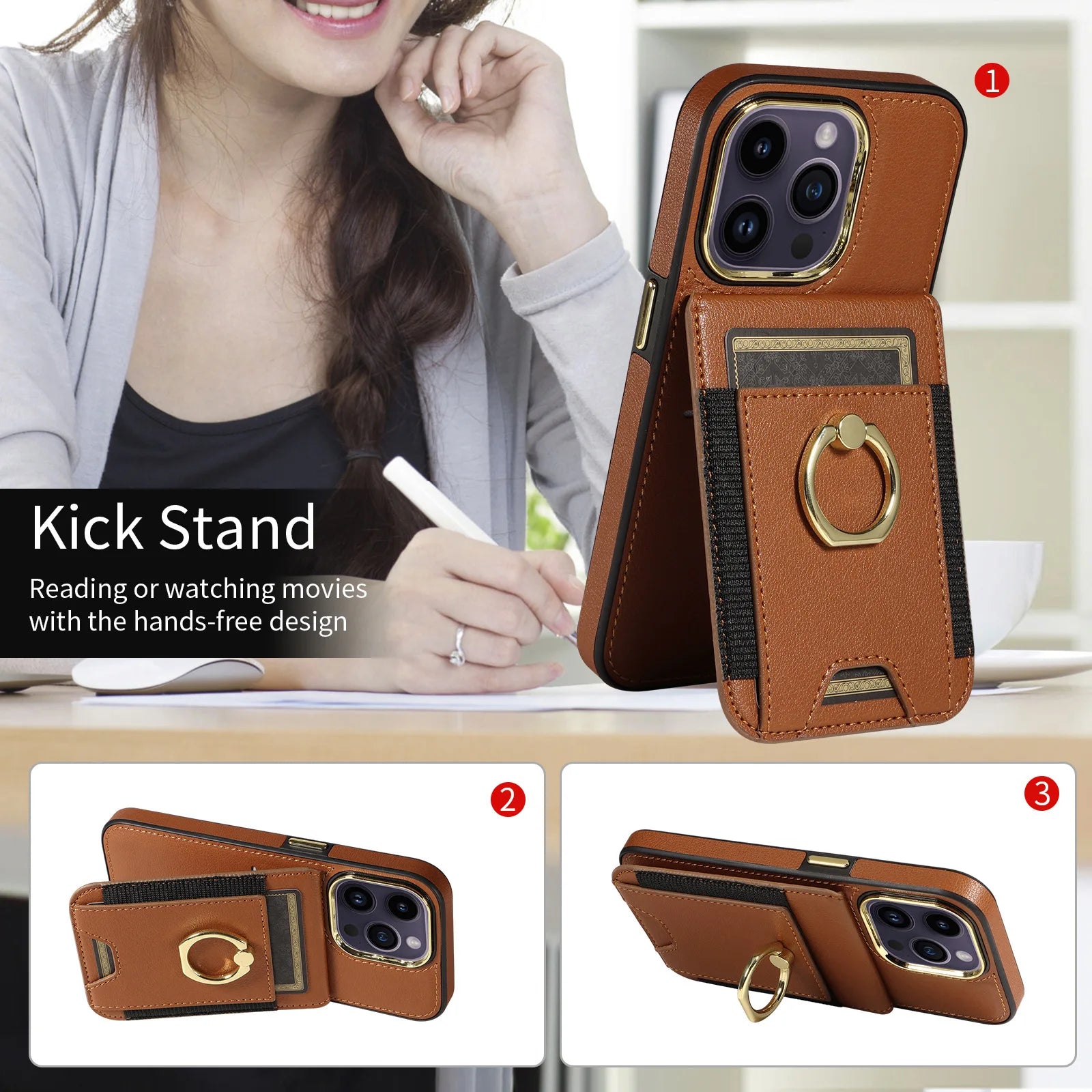 Finger Ring Stand Card Slot Leather Wallet Case For iPhone