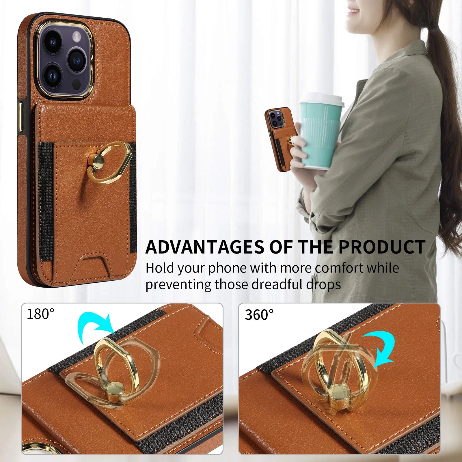Finger Ring Stand Card Slot Leather Wallet Case For iPhone