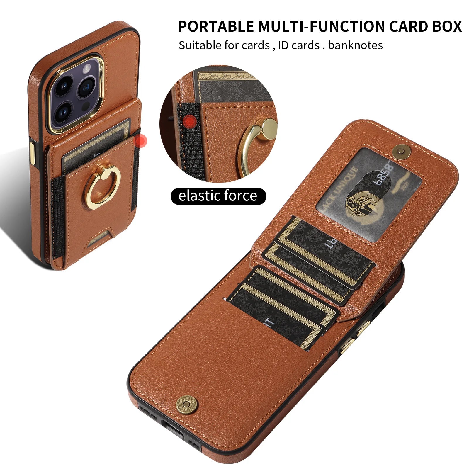 Finger Ring Stand Card Slot Leather Wallet Case For iPhone