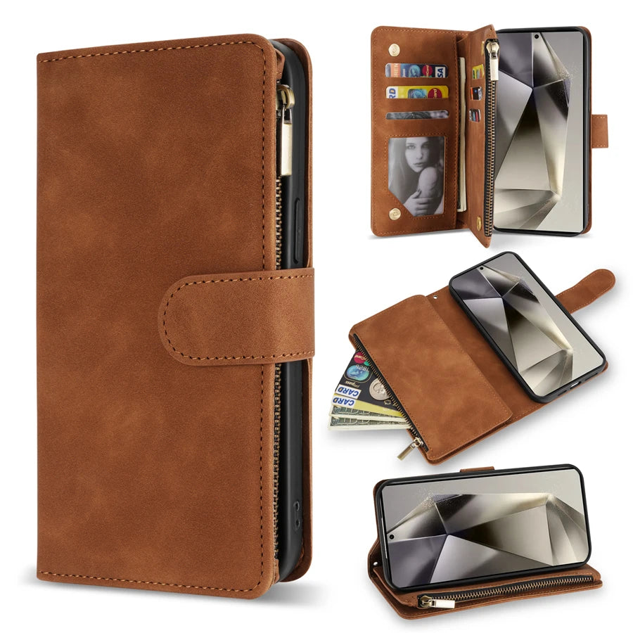 Wallet Multi-card Zipper Kickstand Magnetic Flip Leather Case For Samsung