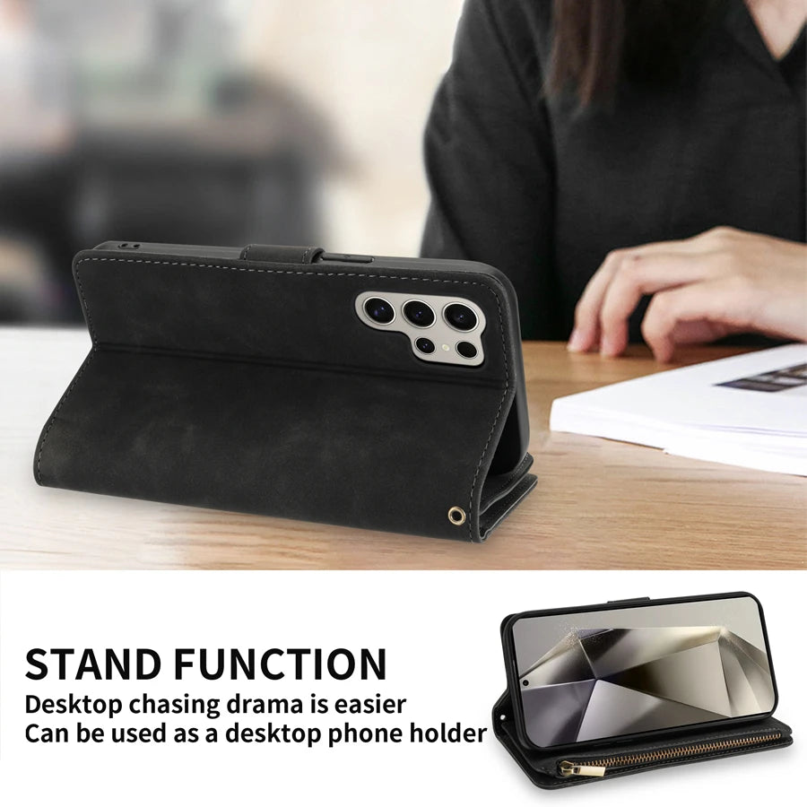 Wallet Multi-card Zipper Kickstand Magnetic Flip Leather Case For Samsung
