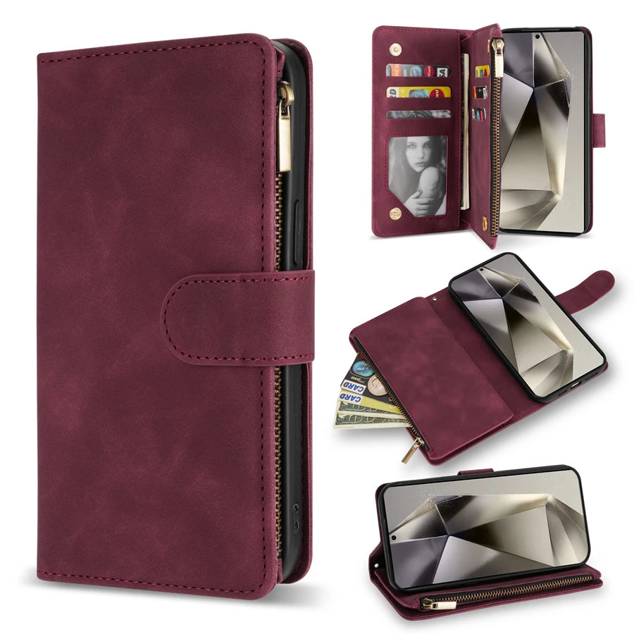 Wallet Multi-card Zipper Kickstand Magnetic Flip Leather Case For Samsung