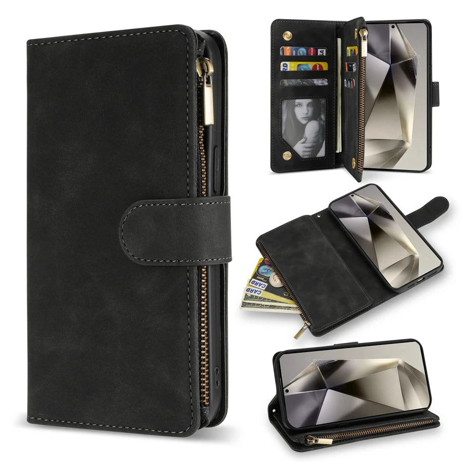 Wallet Multi-card Zipper Kickstand Magnetic Flip Leather Case For Samsung