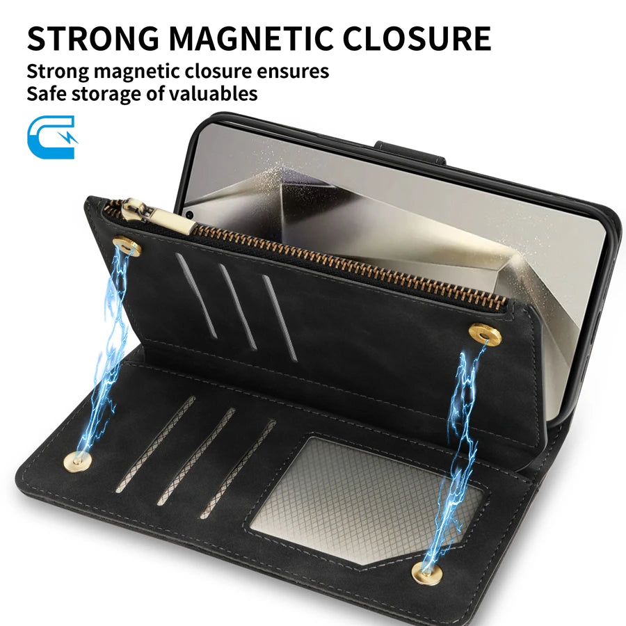Wallet Multi-card Zipper Kickstand Magnetic Flip Leather Case For Samsung