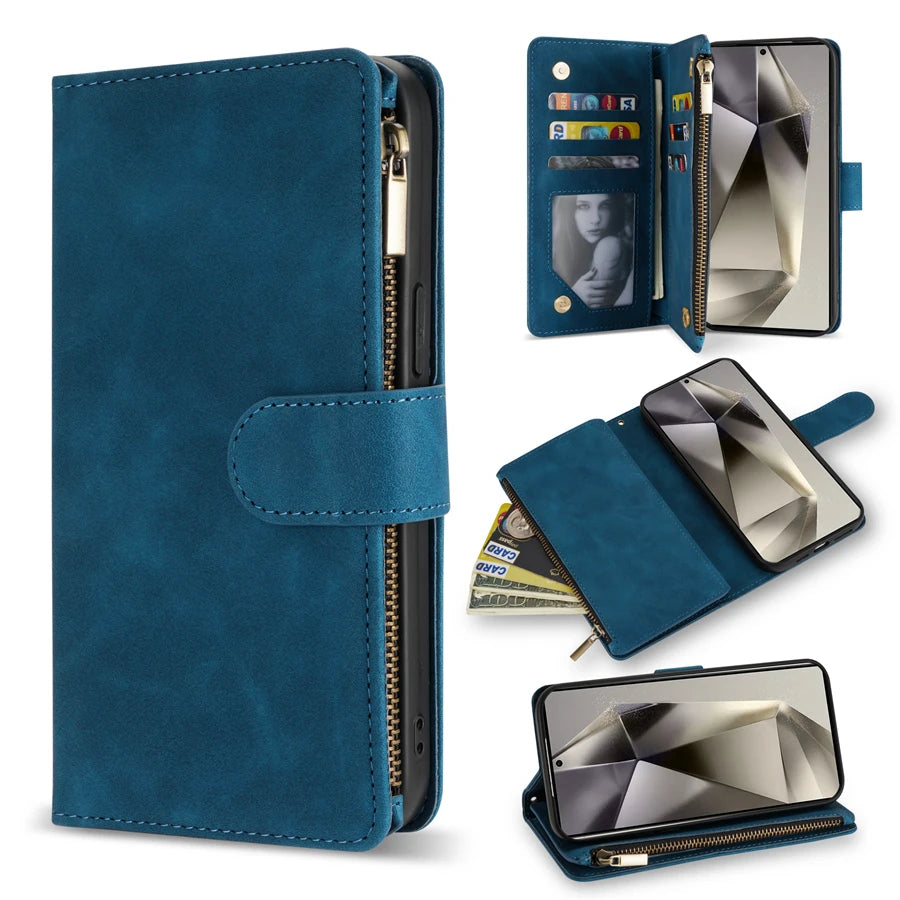 Wallet Multi-card Zipper Kickstand Magnetic Flip Leather Case For Samsung