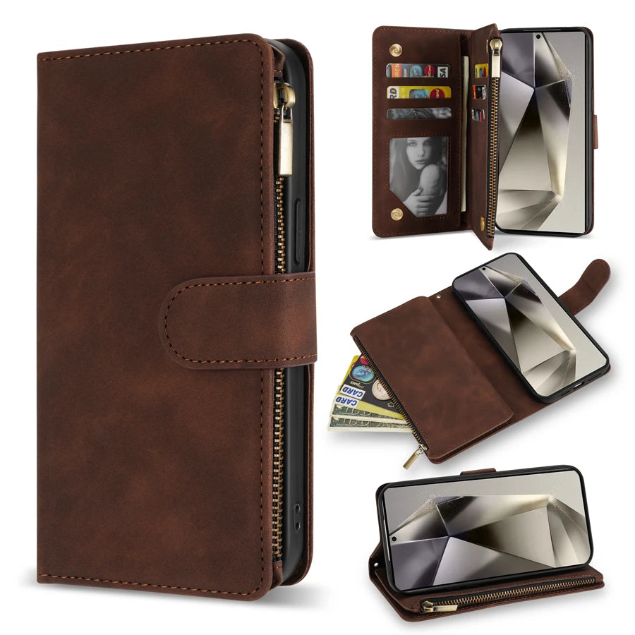 Wallet Multi-card Zipper Kickstand Magnetic Flip Leather Case For Samsung