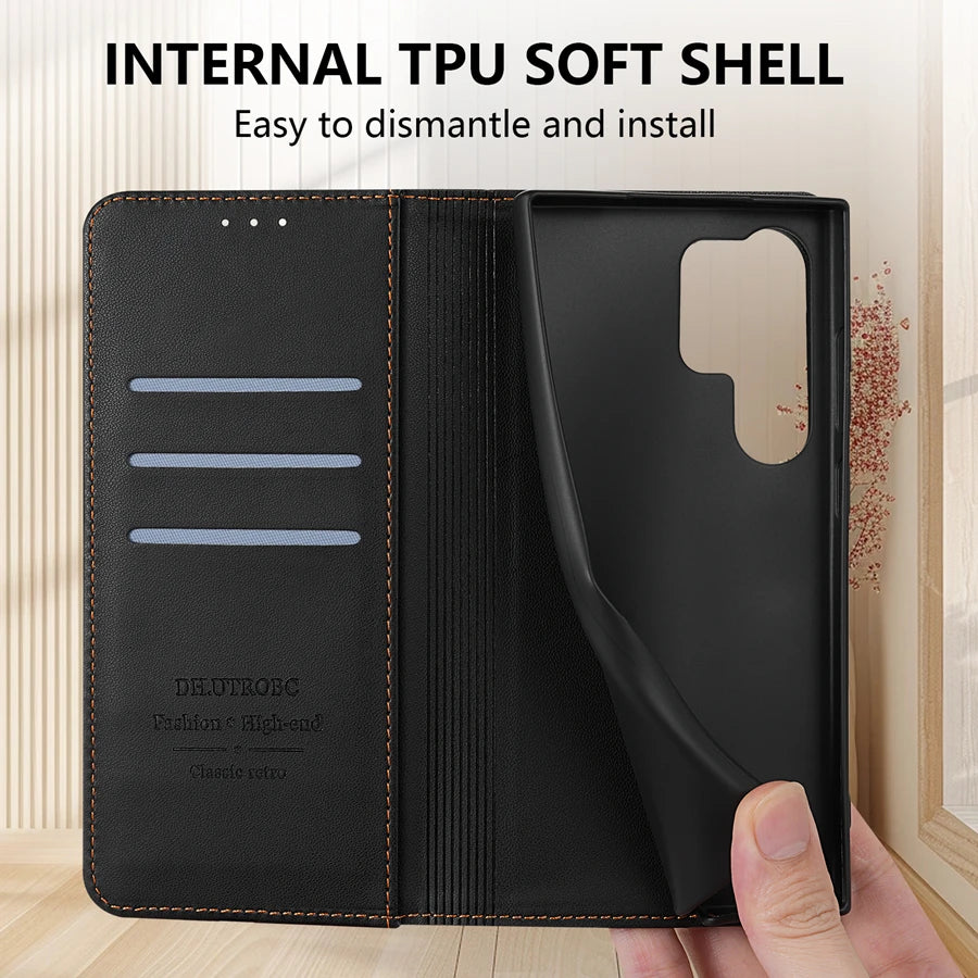 Wallet Skin friendly Card Slot Strong Magnetic Flip Leather Case For Samsung
