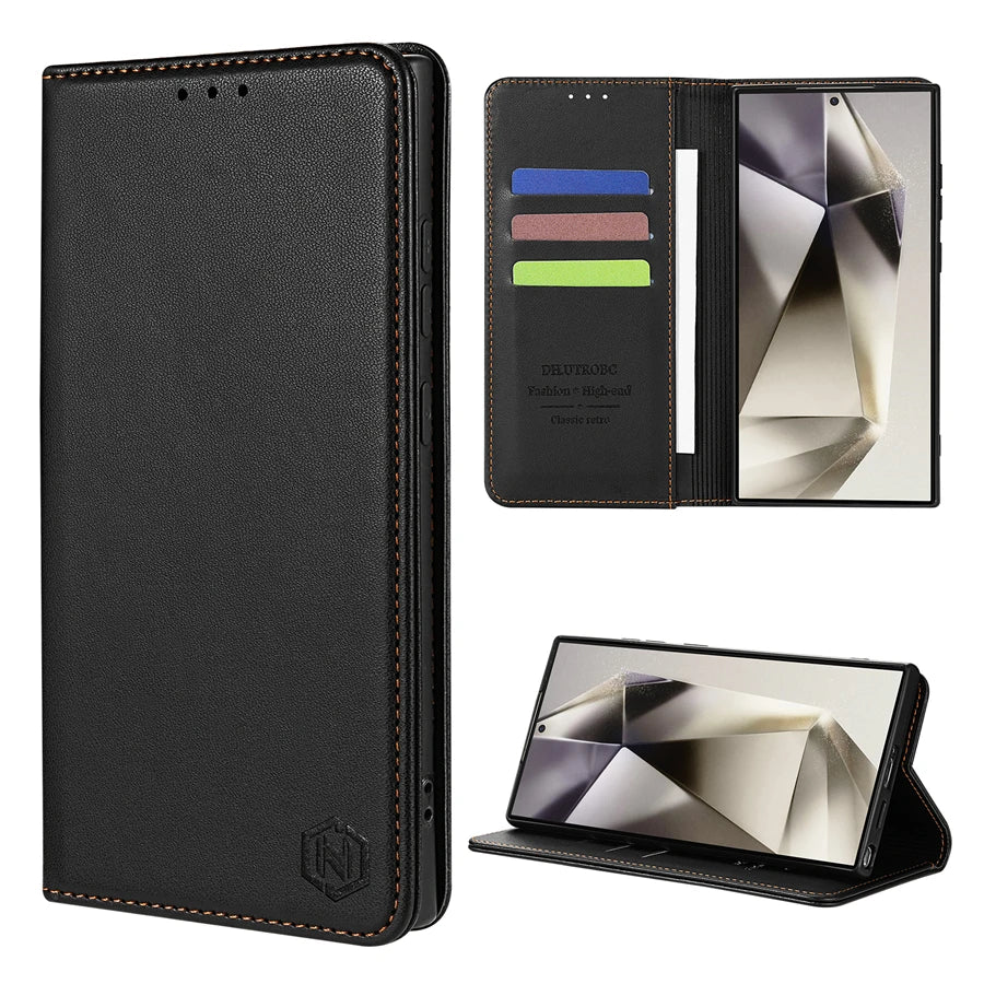 Wallet Skin friendly Card Slot Strong Magnetic Flip Leather Case For Samsung
