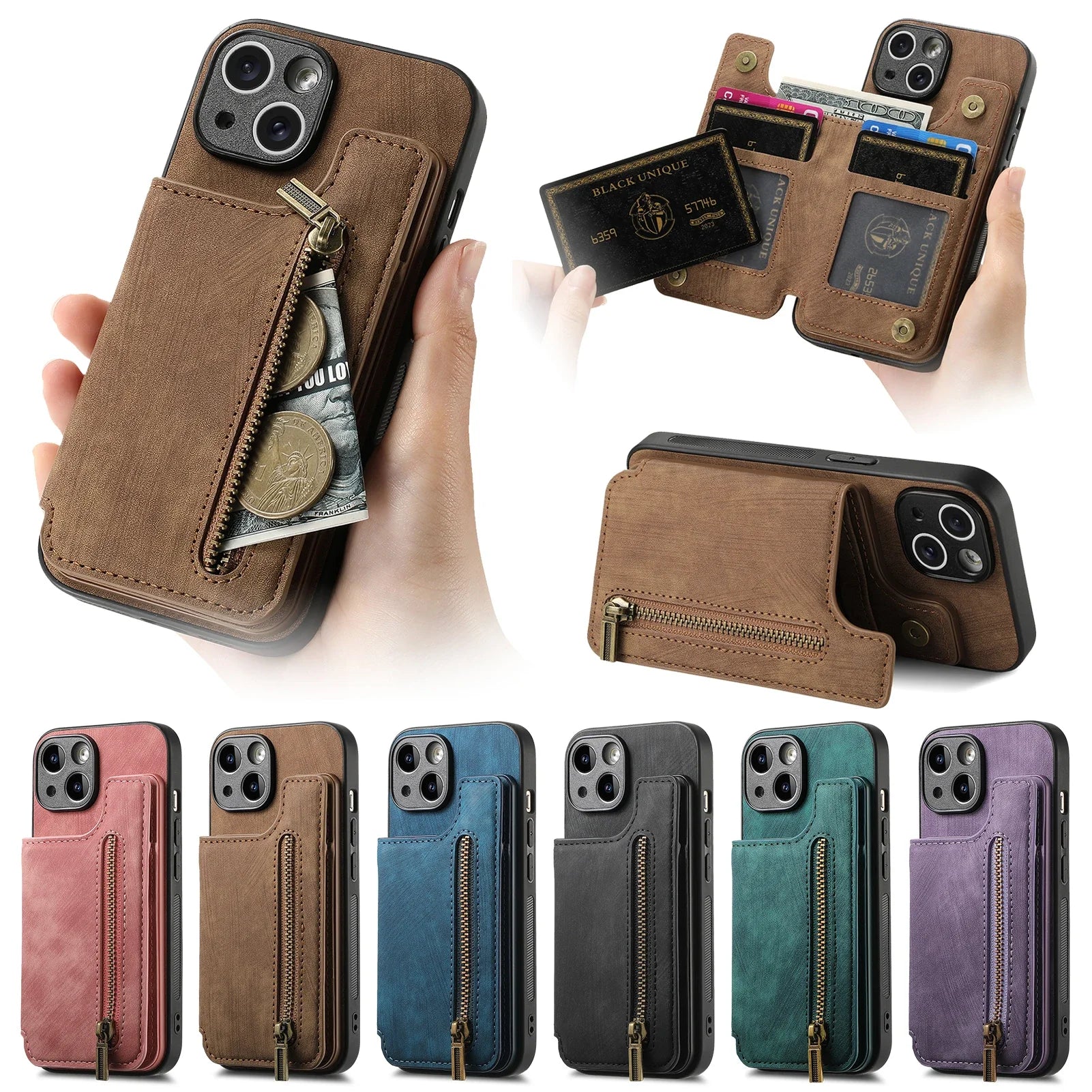 Zipper Cards Solt Wallet Leather Case For iPhone  Pocket Magnetic Double Buckle Cover