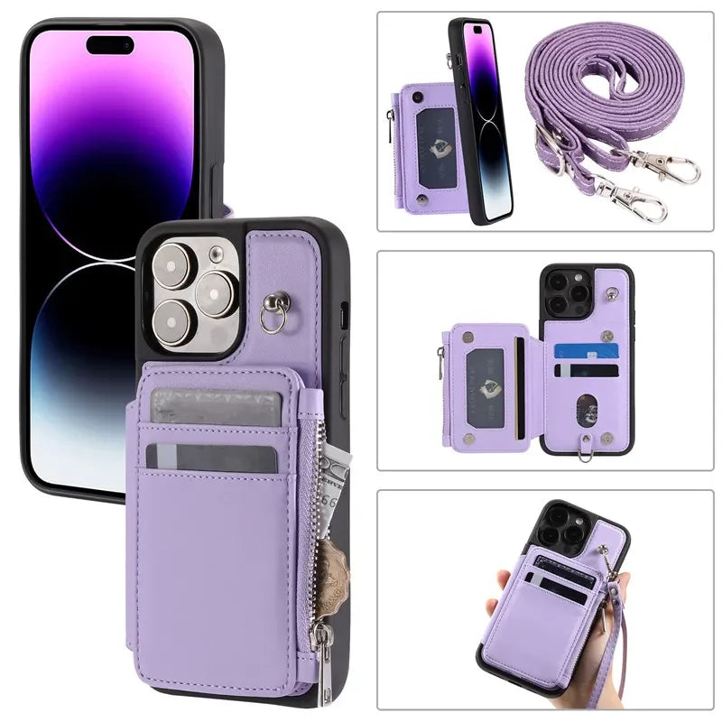 Long Lanyard Flip Zipper  Leather Wallet Cover For iPhone