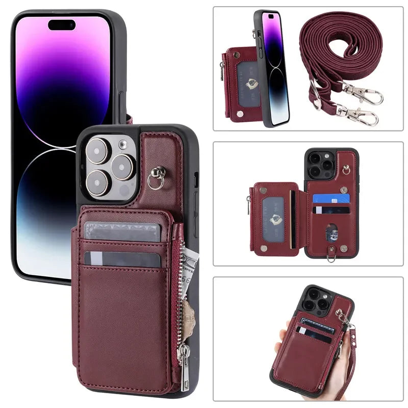 Long Lanyard Flip Zipper  Leather Wallet Cover For iPhone