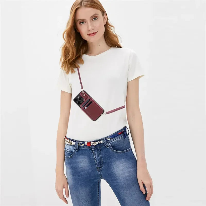 Long Lanyard Flip Zipper  Leather Wallet Cover For iPhone