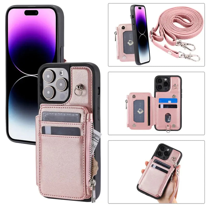 Long Lanyard Flip Zipper  Leather Wallet Cover For iPhone