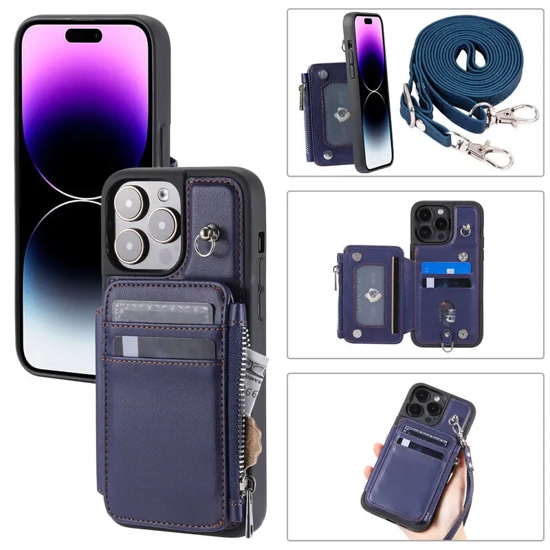 Long Lanyard Flip Zipper  Leather Wallet Cover For iPhone