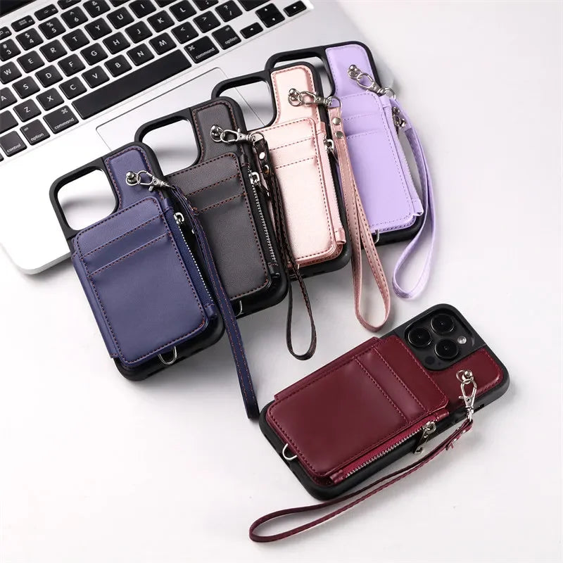 Long Lanyard Flip Zipper  Leather Wallet Cover For iPhone
