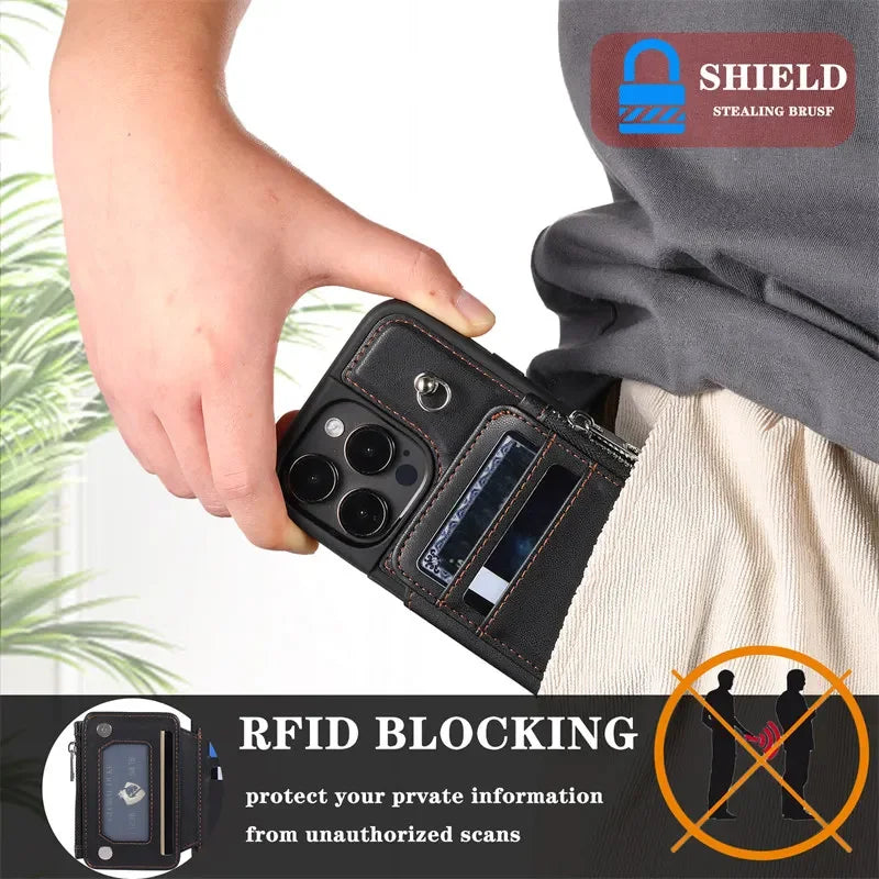 Long Lanyard Flip Zipper  Leather Wallet Cover For iPhone