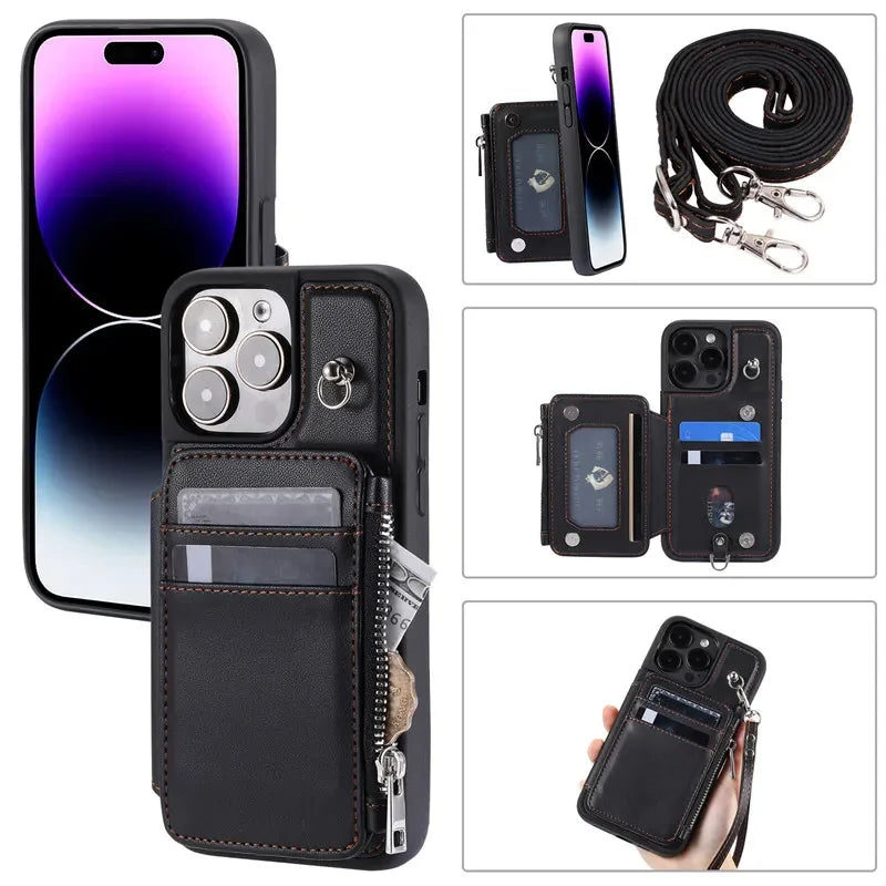 Long Lanyard Flip Zipper  Leather Wallet Cover For iPhone