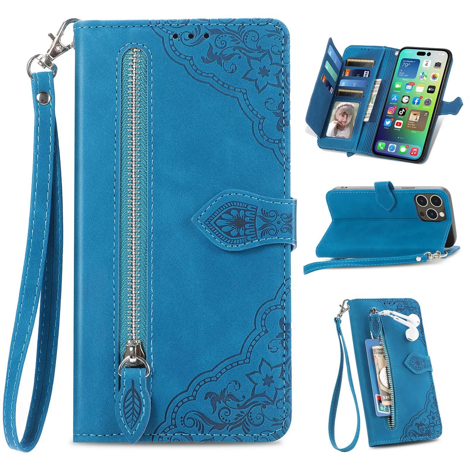 Flip Multi Card Slot Zipper Wallet  Leather Case For iPhone
