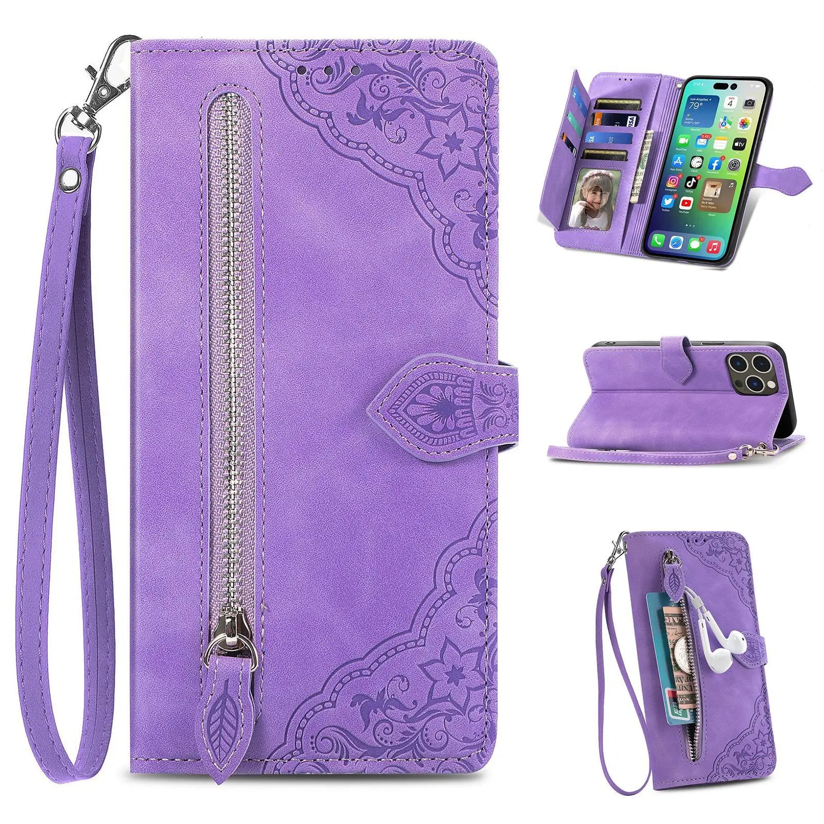 Flip Multi Card Slot Zipper Wallet  Leather Case For iPhone