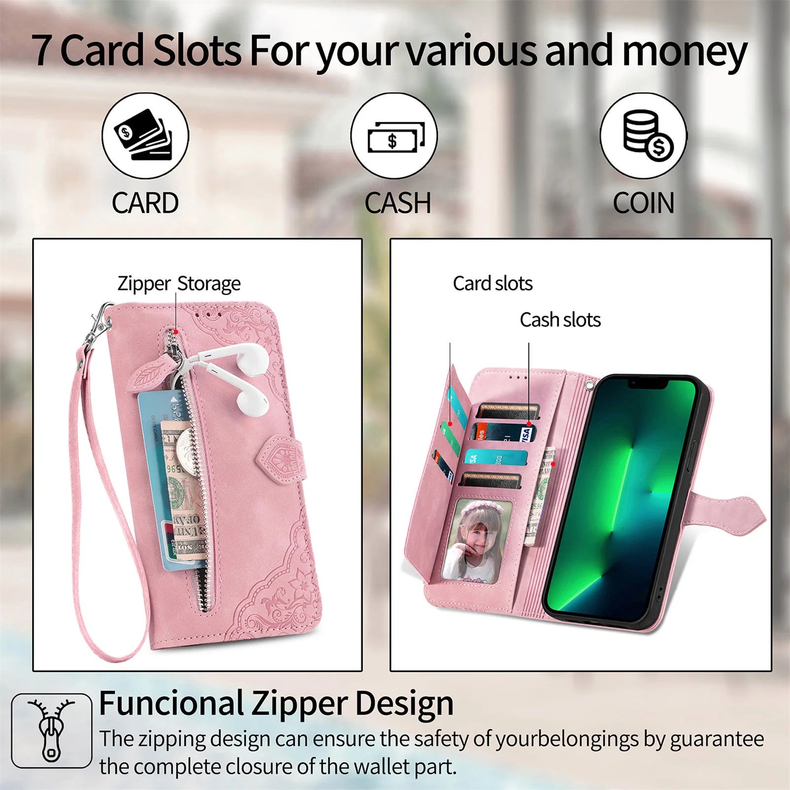 Flip Multi Card Slot Zipper Wallet  Leather Case For iPhone