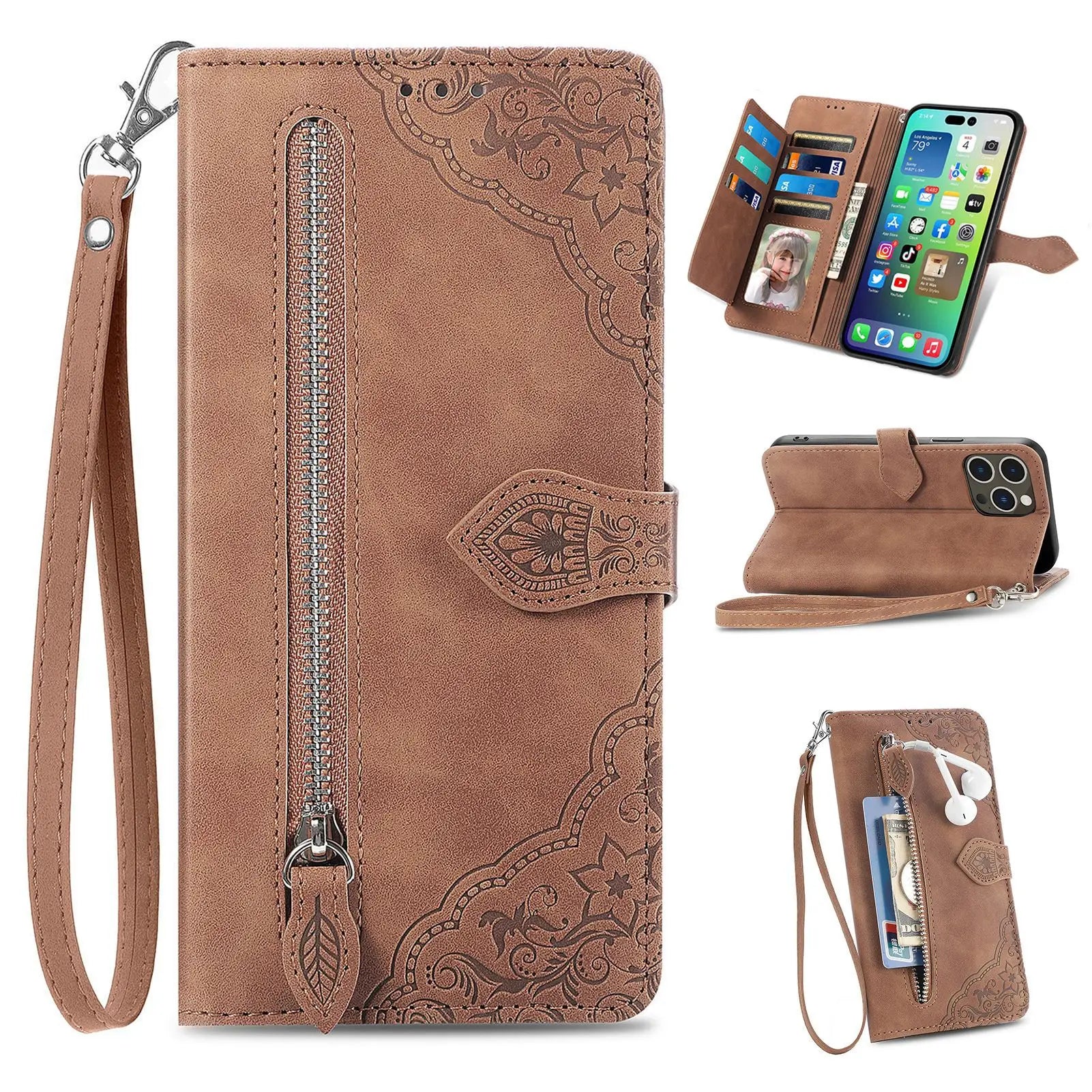 Flip Multi Card Slot Zipper Wallet  Leather Case For iPhone
