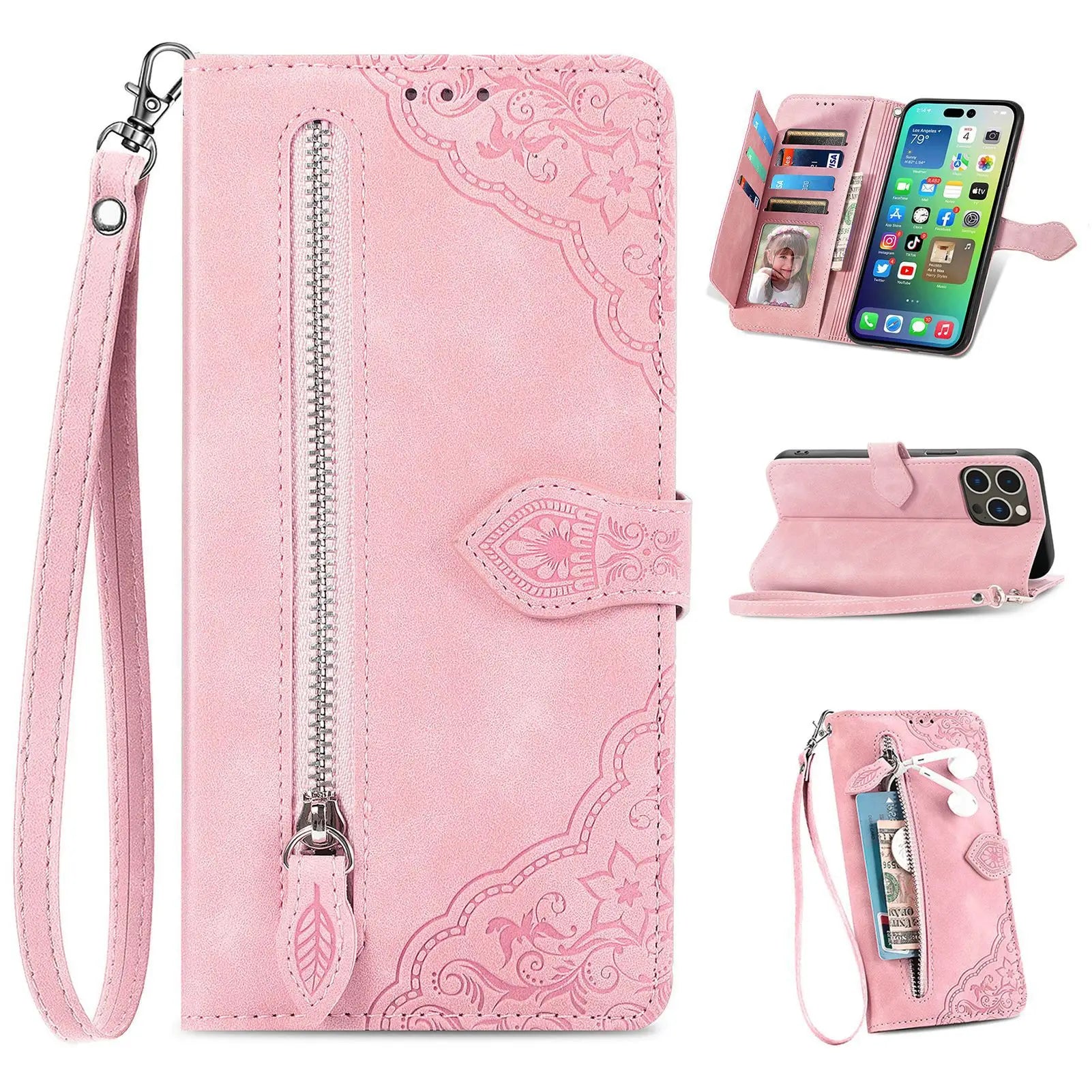 Flip Multi Card Slot Zipper Wallet  Leather Case For iPhone